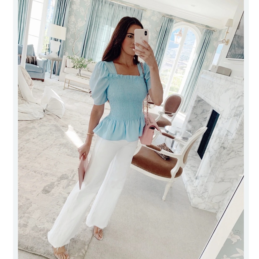 NWOT Rachel Parcell Puff Sleeve Smocked Peplum Light Blue Top Women’s XS